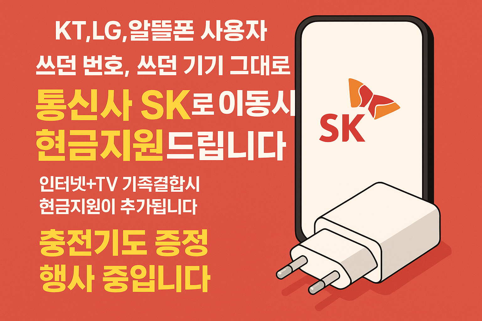 📱 KT·LG·알뜰폰 사용자분들! SK로 번호이동하면 현금지원 + 사은품까지 드립니다 🎉