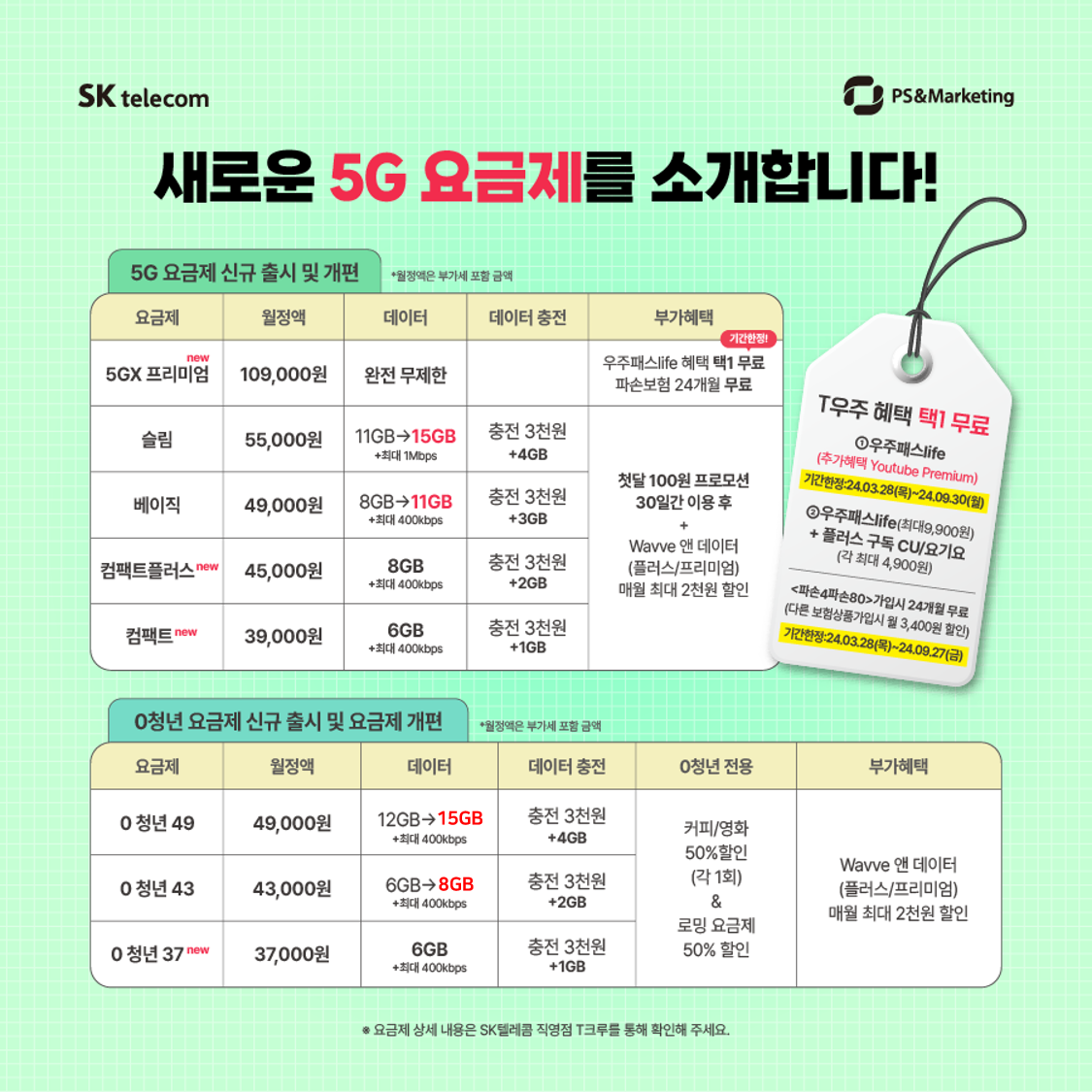 🍀(New)더욱 폭넓어진, SK텔레콤 5G 신규 요금제!