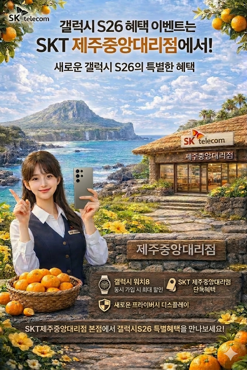 새로운 갤럭시 S26의 특별한 혜택 갤럭시S26 혜택 이벤트는 SKT 제주중앙대리점에서!